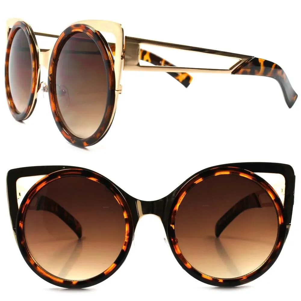 Designer Fashion Stylish Tortoise & Gold Womens Round Lens Cat Eye Sunglasses